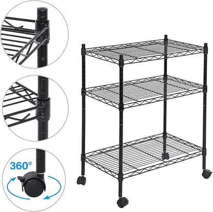 SUPER DEAL 3-Shelf Adjustable Heavy Duty Storage Wire Shelving Unit with Wheels, Metal Organizer Wire Rack Microwave Utility Cart, Black (24L x 14W x 31H)