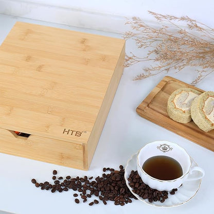 HTB K Cup Coffee Pod Holder, Drawer Type K Cup Organizer Storage, Compatible with K-Cup Pods, Space-Saving Coffee Capsule Drawer- Holds 40 Nespresso Capsules Coffee Pods Bamboo Single Drawer