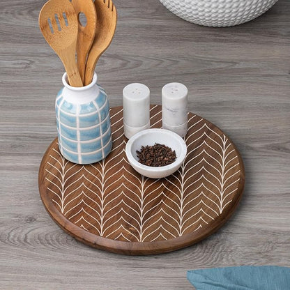 CounterArt Decorative Round Natural Wood Lazy Susan Turntable 14" Diameter Condiment Caddy, Cheese Server, Cake Plate, Spice Organization (White Chevron)