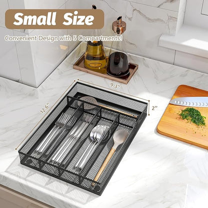 Sedegn Silverware Organizer Metal Mesh, Small Drawer Organizer, Utensil Cutlery Tray for kitchen drawers, Flatware Organizer with 5 Compartment, Black(9.3"*12.6")