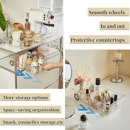 Attelite RollOut Refrigerator Drawer Organizer and Storage Clear Design with Dividers, Fridge Organizer on Wheels, Upgrade Thick Plastic Pantry Storage Bins, Kitchen Organization 2 Set