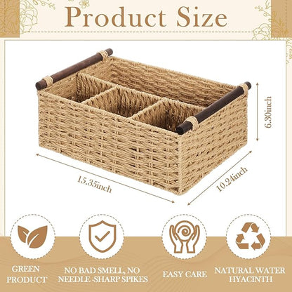 Remerry Bathroom Countertop Organizer Caddy, Wicker-Like Divided Basket with Handle and Metal Frame, 4 Compartment, Paper Rope Storage Organizer for Vanity Kitchen(Beige,15.35 x 10.24 x 6.3 in)