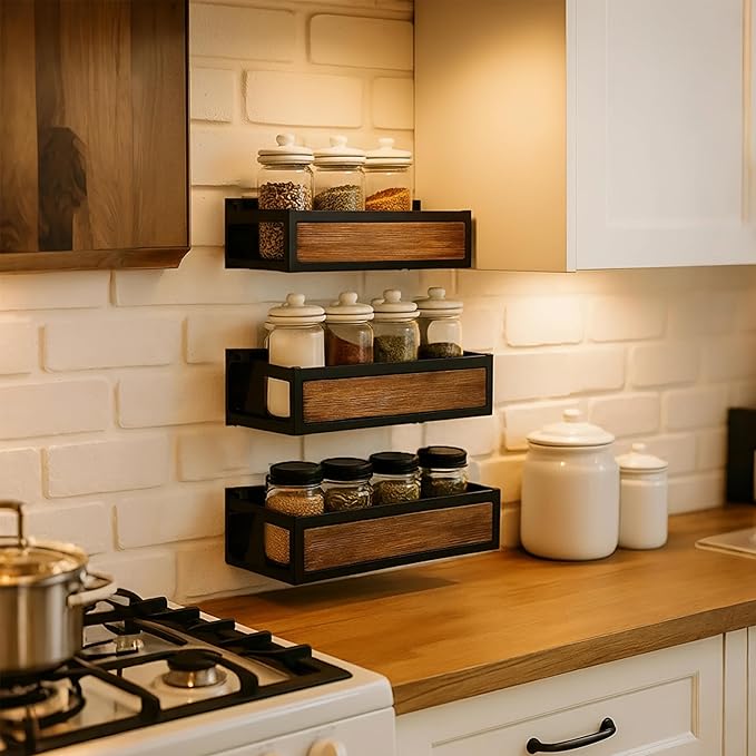 Wall Mount Spice Rack Large capacity Extra Wide,2 Pack Ironwood Spice Organizer shelf for Rustic, Industrial and Modern Kitchens,Quick Adhesive Strips and Screws for Mounting (Engineered Wood)