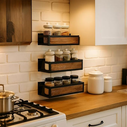 Wall Mount Spice Rack Large capacity Extra Wide,2 Pack Ironwood Spice Organizer shelf for Rustic, Industrial and Modern Kitchens,Quick Adhesive Strips and Screws for Mounting (Engineered Wood)