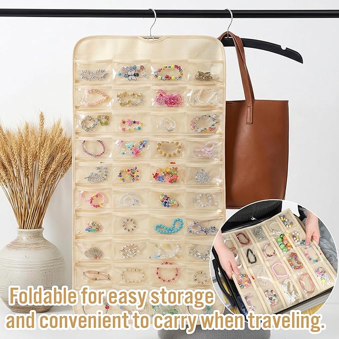 4 Pcs Hanging Jewelry Organizer with 80 Pockets, Dual-Sided Jewelry Holder Hanging Storage Organizer Hanger Closet for Bracelet Necklace Ring Earring Accessories, Beige