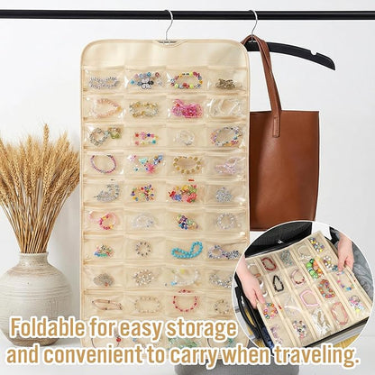 4 Pcs Hanging Jewelry Organizer with 80 Pockets, Dual-Sided Jewelry Holder Hanging Storage Organizer Hanger Closet for Bracelet Necklace Ring Earring Accessories, Beige
