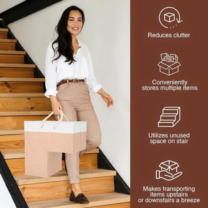 SAM AND MABEL Stair Baskets for Carpeted and Wooden Stairs – 16”L x 10”W x 16”H Foldable Staircase Basket with Handles, Stair Step Storage Organizer (Warm Beige and White)