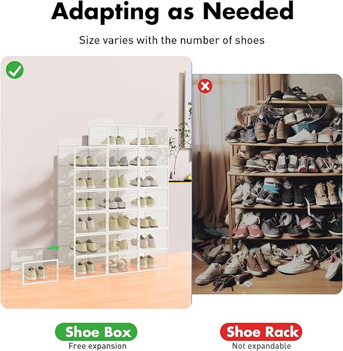 Foluck Shoe Storage Box, 15 Pack Clear Plastic Stackable Shoe Organizer for Closet, Interlocking Design Shoe Container Bins for Sneakers, Foldable Shoe Rack with Lids, White