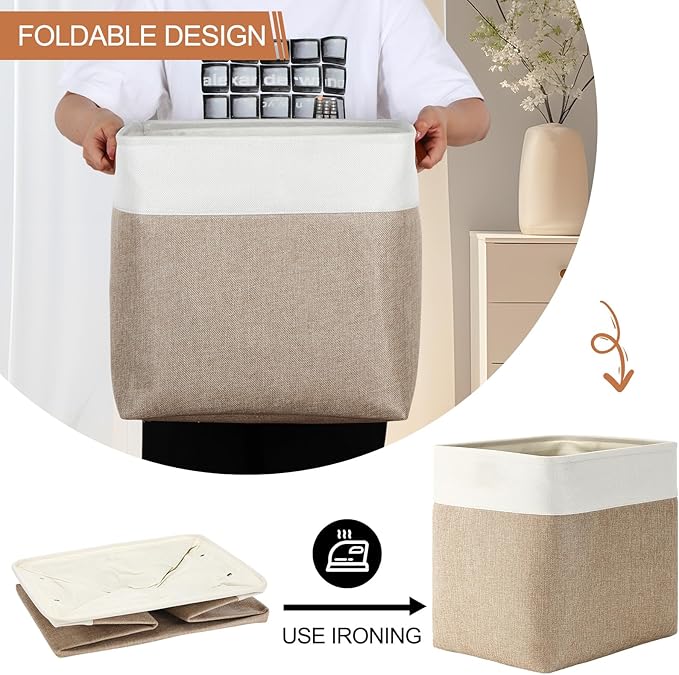 Uiifan 10 Pcs Collapsible Storage Bins Fabric Foldable Storage Basket with Handles Cloth Organizer Linen Shelf Baskets for Shelves Home Closet Nursery Toys(17 x 15 x 12 Inch,Beige and White)