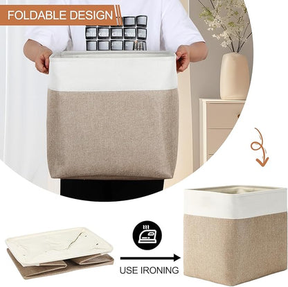 Uiifan 10 Pcs Collapsible Storage Bins Fabric Foldable Storage Basket with Handles Cloth Organizer Linen Shelf Baskets for Shelves Home Closet Nursery Toys(17 x 15 x 12 Inch,Beige and White)