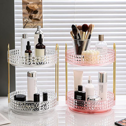 Fangoo 2 Tiers Pink Rotating Makeup Organizer for Vanity 360 Spinning Skincare Organizers for Dresser Perfume Organizer Large Skincare Make up Storage Cosmetic Organizer for Bathroom Countertop