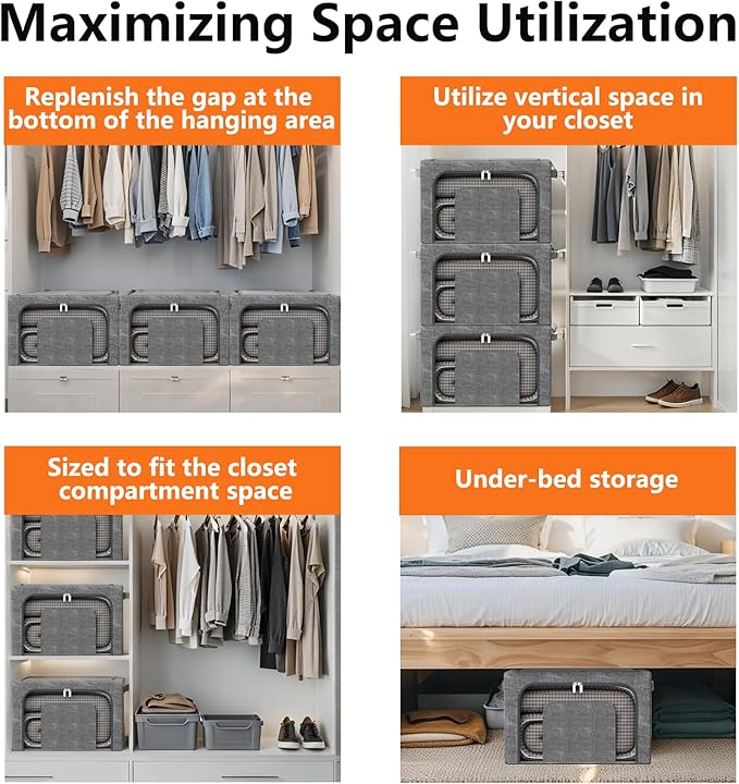 Stackable Clothes Storage Bins with Metal Frame, 4 Piece Stackable Clothes Organizer with Double Opening + Clear Window Design for Cabinets, Under Beds, Storage and Garage Gray 2 * 22 L + 2 * 64 L