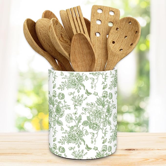 JarThenaAMCS Green Floral Ceramic Utensil Holder Vintage Flower Butterfly Utensil Crock for Home Kitchen Countertop Storage Organizer Container