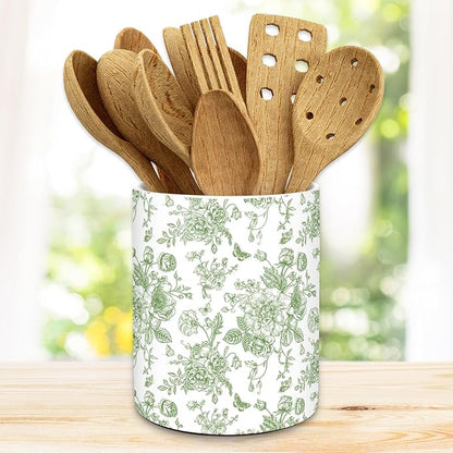 JarThenaAMCS Green Floral Ceramic Utensil Holder Vintage Flower Butterfly Utensil Crock for Home Kitchen Countertop Storage Organizer Container