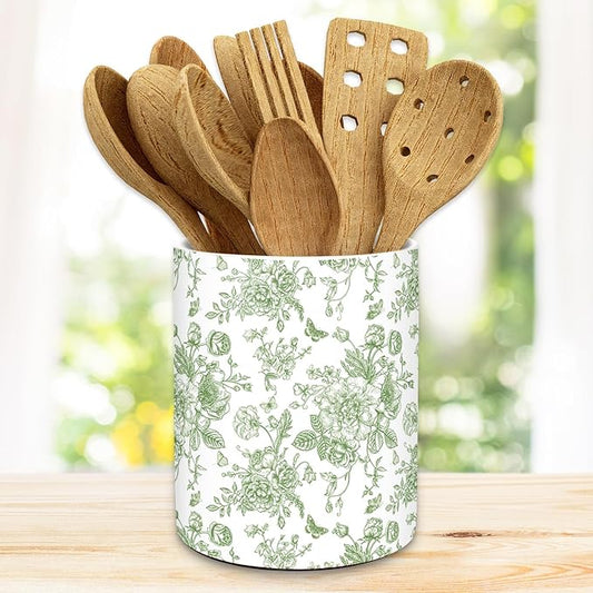 JarThenaAMCS Green Floral Ceramic Utensil Holder Vintage Flower Butterfly Utensil Crock for Home Kitchen Countertop Storage Organizer Container