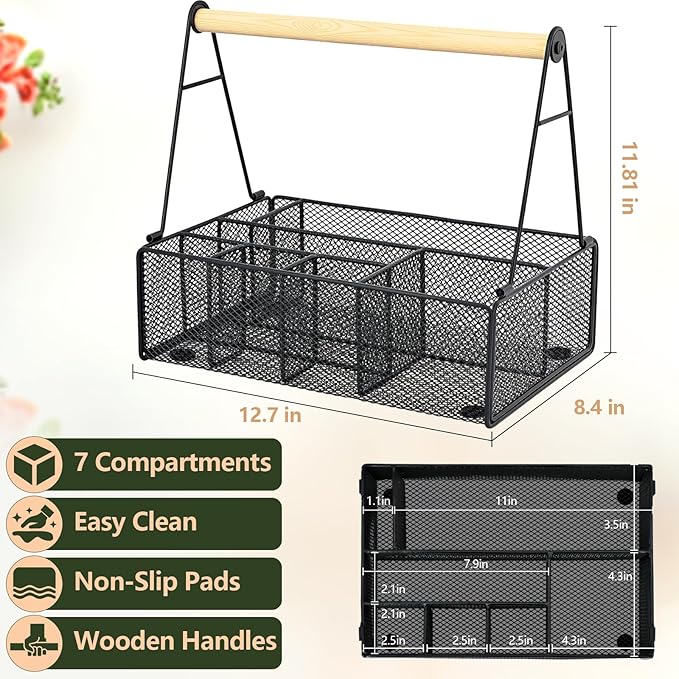 Wood Handle Silverware Caddy for Party – Paper Plate Organizer for Countertop – 7 Compartment Utensil Holder for Plates, Cups, Napkins, and Cutlery – Picnic, Camping, or Kitchen Buffet