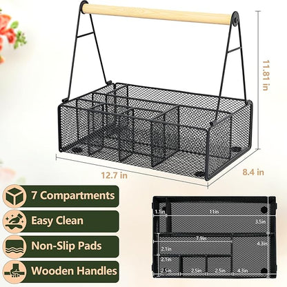 Wood Handle Silverware Caddy for Party – Paper Plate Organizer for Countertop – 7 Compartment Utensil Holder for Plates, Cups, Napkins, and Cutlery – Picnic, Camping, or Kitchen Buffet
