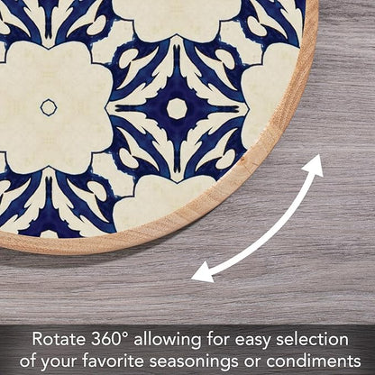 CounterArt Decorative Round Natural Wood Lazy Susan Turntable 14" Diameter Condiment Caddy, Cheese Server, Cake Plate, Spice Organization (Blue Tile Floral)