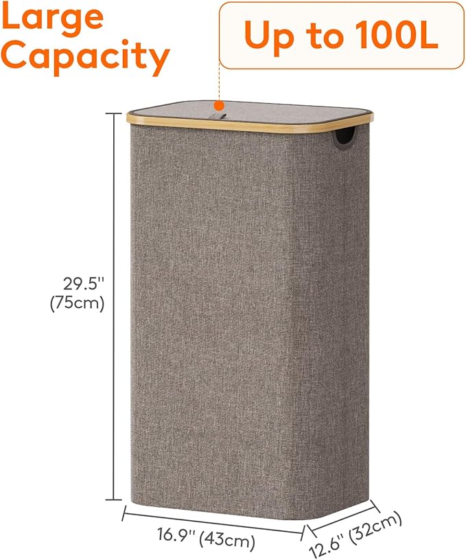 Lifewit 100L Laundry Basket with Lid, Clothes Hampers for Laundry with Bamboo Handles and 1 Removable Bag, Large Foldable Laundry Hamper for Bedroom, Bathroom, Dorm, Laundry Room, Brown