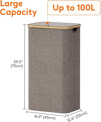 Lifewit 100L Laundry Basket with Lid, Clothes Hampers for Laundry with Bamboo Handles and 1 Removable Bag, Large Foldable Laundry Hamper for Bedroom, Bathroom, Dorm, Laundry Room, Brown