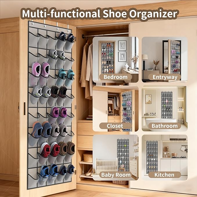 Over the Door Shoe Organizer with 40 Large Pockets, Multi-Purpose Storage for Shoe and Accessories, Durable Fabric with Adjustable Hooks for Home Closet Bedroom Entryway-Grey