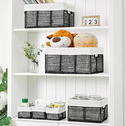 Vagusicc Wicker Storage Basket, 6 Pack Baskets for Organizing, Wicker Baskets with Handle, Rectangular Woven Basket for Storage Shelves, Cube Storage Bins for Closet/Clothes/Dresser, Black