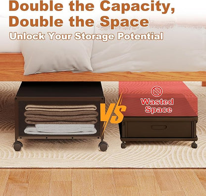 2 Pack Under the Bed Storage Containers,10 inch Height Under Bed Shoe Storage,31inch Long Underbed Storage with Wheels,Large Rolling under bed Clothes Storage Drawers with Lid for Dorm Tall ,Black