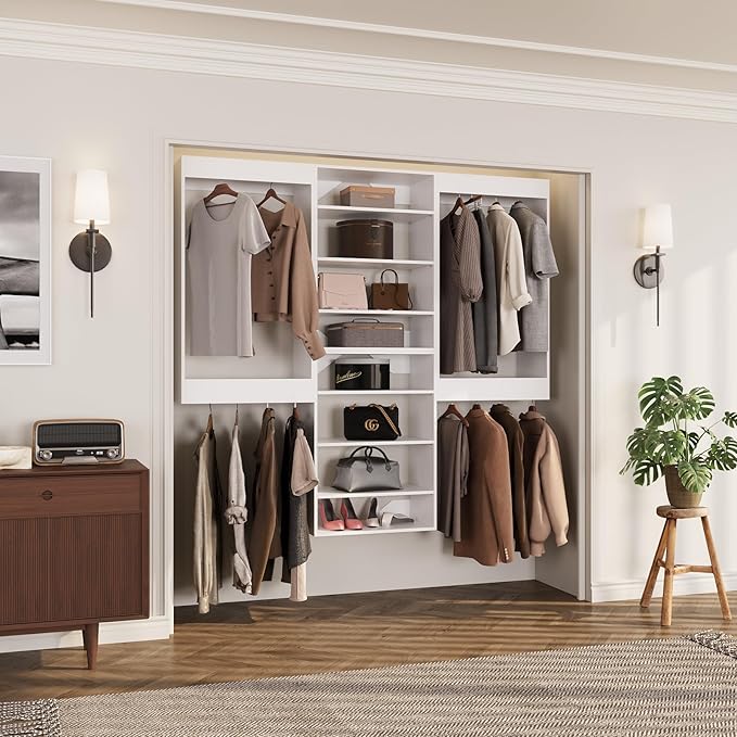 ROOMTEC Modular Closet System, 66" Wall-Mounted Closet Organizer with Hanging Rods and Shelves, Wooden Tower for Walk-In Closets, Wardrobe Storage Kit, White
