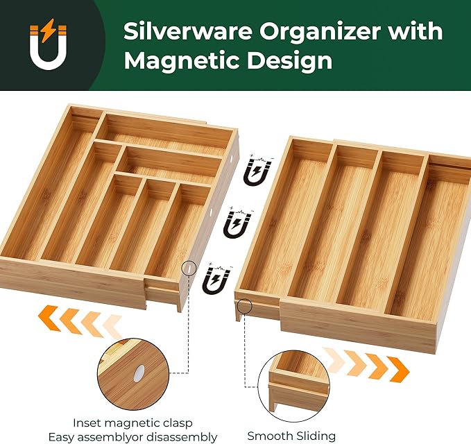 Large Silverware Organizer, 11 Slots Magnetic Connected Expandable Acacia Wood Utensil Drawer Organizer From 21 to 37.4 Inches, Adjustable Flatware and Cutlery Holder, Utensil Tray for Kitchen