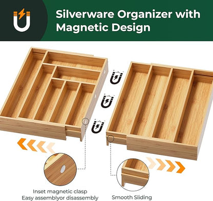 Large Silverware Organizer, 11 Slots Magnetic Connected Expandable Acacia Wood Utensil Drawer Organizer From 21 to 37.4 Inches, Adjustable Flatware and Cutlery Holder, Utensil Tray for Kitchen