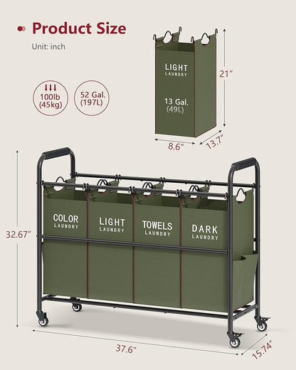 Tajsoon 4 Bag Laundry Sorter Cart, 4 Section Laundry Hamper Sorter with Heavy Duty Lockable Rolling Wheels, Laundry Separator Hamper with Removable Bags for Dirty Clothes Storage, Green