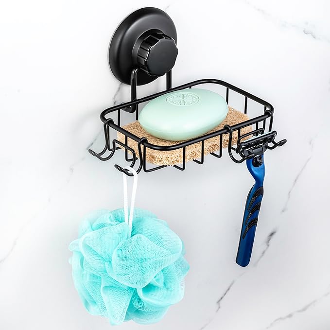 HASKO 2 Pack Suction Cup Soap Dish for Shower Wall, Rustproof Stainless Steel, Shower Soap Holder with Hooks, Includes Optional No Drill Adhesive Mount for Bathroom, 2 Soap Savers, Black