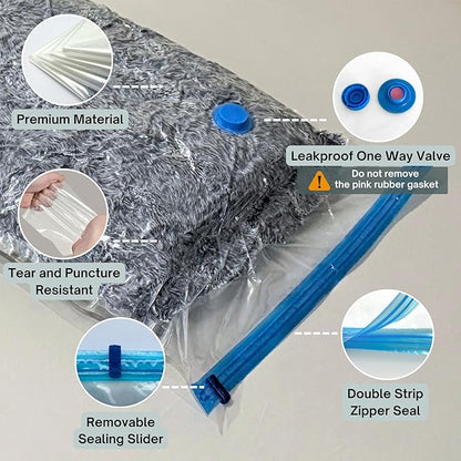 6 Jumbo XL Vacuum Storage Bags with Pump, Extra Large Compression Space Saver for Comforter, Duvet, Blanket, Bedding Storage, Vacuum Seal Bags for Clothing, Luggage Suitcase and Closet Organizer