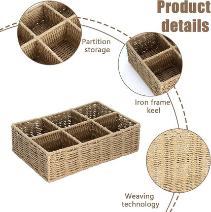 Makeup Organizer, Hand-woven Wicker Basket for Dresser and Bathroom Countertop Organizer, 6 Compartments Makeup Brush Holder Skincare Organizer, Cosmetic Storage for Lipstick Eyeshadow Palette