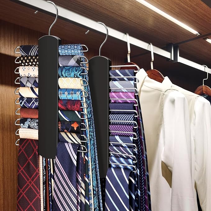 2 Pack Tie Rack for Closet, Premium Wooden Necktie Organizer Storage Tie/Belt Hanger, 360 Degree Swivel Space Saving Ties Holder for Men Hanging 40 Ties Black