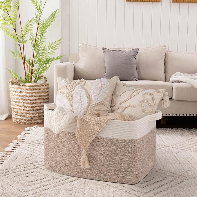 OIAHOMY Extra Large Blanket Basket, 95L Cotton Rope Woven Laundry Basket, Toy Bin for Baby Room, Container for Blanket Storage in Living Room, 24''×17''×14'', Brown & White