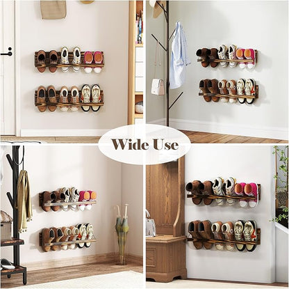 Nisorpa 2 Pcs Wall Mounted Shoe Rack Rustic Burnt Wood, Wall Hanging Shoe Rack Mounted, Shoes Storage Organizer Footwear Holder for Entryways Closet Mudroom Hallways, 30 Inch, Holds 3 Pairs