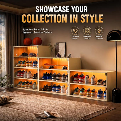 Sneaker Display Case with Lights featuring LED Intelligent Control Shoe Storage Box, Stackable LED Shoe Box Wood Shoe Display Case for Luxury Sneaker Storage (Beige 2-layer)