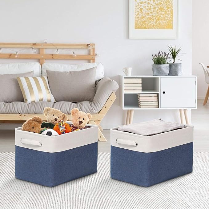 Foldable Storage Bin Collapsible Fabric Storage Basket Cube with Durable Handles Closet Organizer Bins for Organizing Shelves Drawers, Set of 3, 15" x 10" x 9.5", Blue