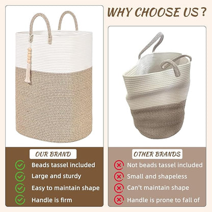 Woven Laundry Basket for Clothes, 80L Large Rectangle Laundry Hampers with Beads Tassel, Nursery Storage Basket for Toys, Tall Dirty Clothes Hamper for Bedroom Aesthetic, Laundry Room Organization