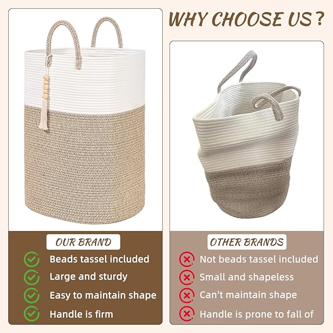 65L Woven Laundry Basket for Clothes, Large Rectangle Laundry Hampers with Beads Tassel, Nursery Storage Basket for Toys, Tall Dirty Clothes Hamper for Bedroom Aesthetic, Laundry Room Organization