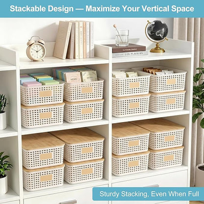 Bagnizer 4 Pack Plastic Storage Bins with Bamboo Lids, 6.2qt Stackable Storage Organizer Box with Lable for Pantry Shelves Drawers Desktop Office, 12"L x 8.3"W x 3.5"H, Cream White