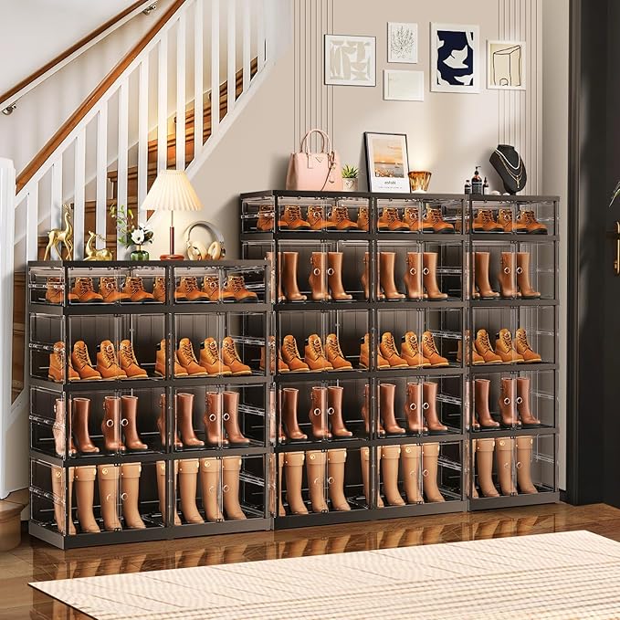 CIMLORD 5-Tier Foldable Shoe Rack for Closet Entryway 5-10Pairs,Stackable Clear Shoe Storage Boxes Organizer with Door Plastic Shoe Cabinet Bins with Lids Shoes Shelf Easy Assembly Large Black