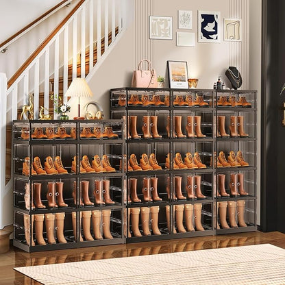 CIMLORD 5-Tier Foldable Shoe Rack for Closet Entryway 5-10Pairs,Stackable Clear Shoe Storage Boxes Organizer with Door Plastic Shoe Cabinet Bins with Lids Shoes Shelf Easy Assembly Large Black