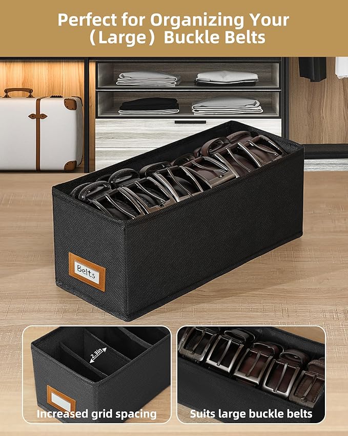 4 PCS Belt Organizer for Closet, 6 Grids Belt Holder, Washable Belt Box, Foldable Tie Organizer for Men, Belt Storage for Drawer (Black, card window)