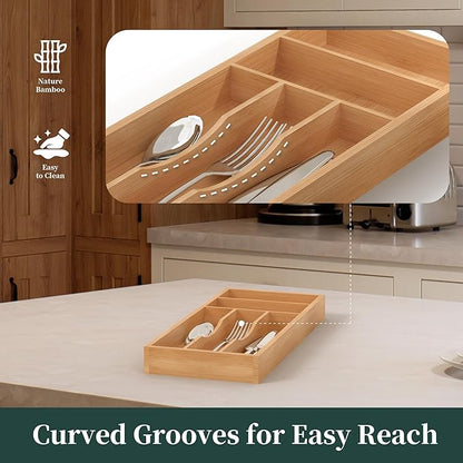 Silverware Organizer, Bamboo Kitchen Drawer Organizer, Utensil Holder, Cutlery Tray & Spoon Flatware Storage with Grooved Drawer Dividers (6.7''W x 15.5''D)