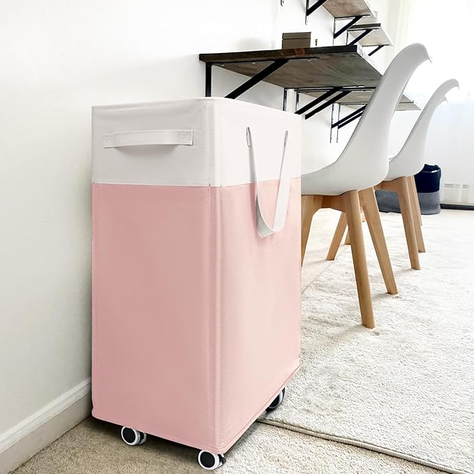 Goodpick Laundry Basket with Wheels, 75L Tall Clothes Hamper, Large Laundry Basket with Removable Wash Bag for Corner Dorm, Rolling Hamper, Pink&White