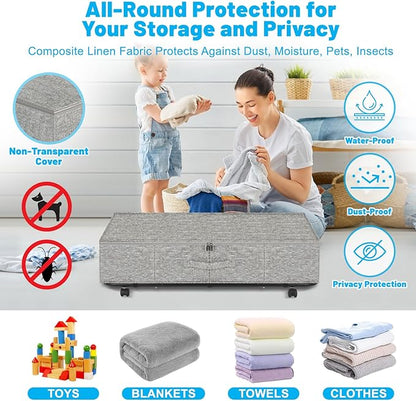 Large Sturdy Under Bed Storage with Wheels, 2 Pack 50L Rolling Underbed Storage Bins, Under Bed Containers Drawer with Metal Bottom Support, Bedroom Organizer with Lids for Clothes, Shoes, Blankets