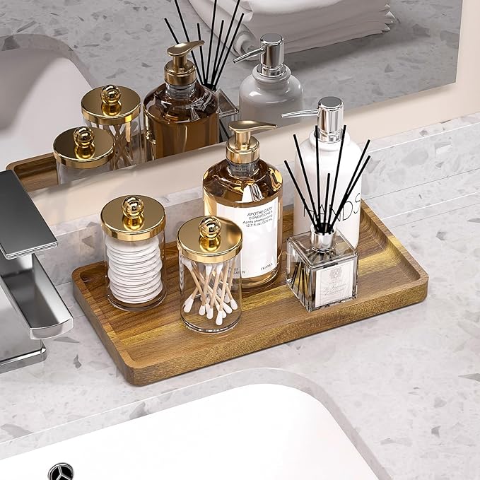 WEENSON Acacia Wood Bathroom Vanity Tray for Soap Dispenser, Toiletries, Makeup, Perfume, Decor, Kitchen Tray for Counter Salt Spice, Toilet Tank Tray for Candle, Nightstand 11.8"x6.1"