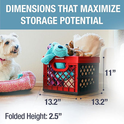 CleverMade Collapsible Milk Crate 25L (6.6 Gal), 50 lb Capacity Heavy Duty Folding Crate – Stackable Storage Crates with File Rails, Plastic Collapsible Crates - Red